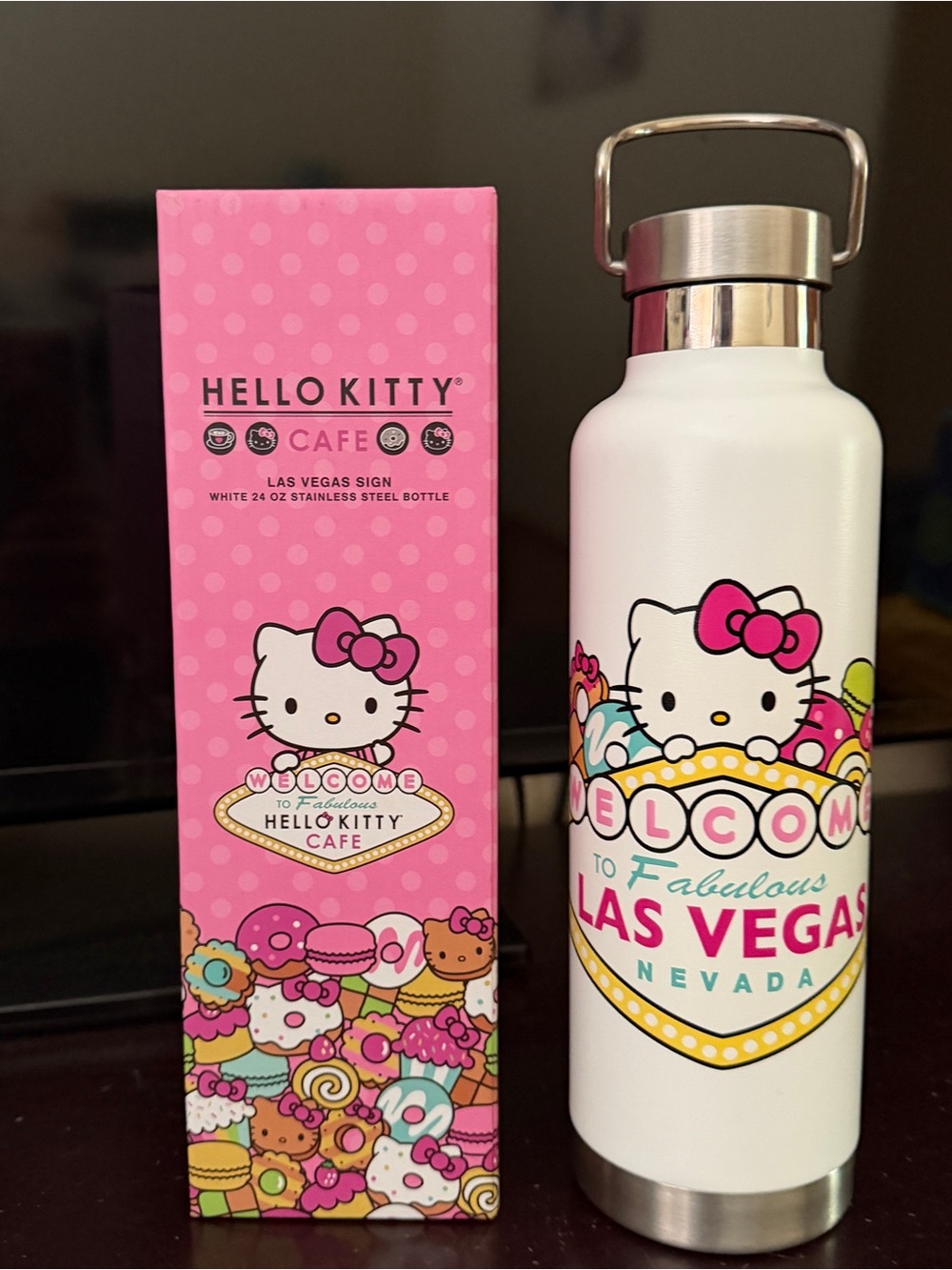 Pre-owned Hello Kitty Cafe Las Vegas Sign white 24oz Stainless Steel Bottle